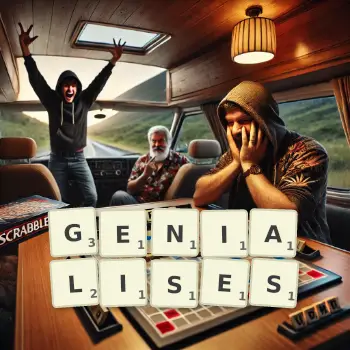 Creative illustration for a Scrabble game with the word GENIALISES spelled out in tiles on the board.