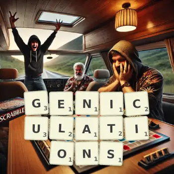 Creative illustration for a Scrabble game with the word GENICULATIONS spelled out in tiles on the board.