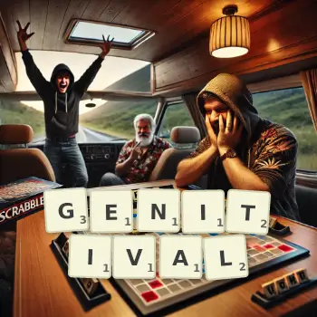 Creative illustration for a Scrabble game with the word GENITIVAL spelled out in tiles on the board.