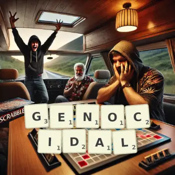 Creative illustration for a Scrabble game with the word GENOCIDAL spelled out in tiles on the board.