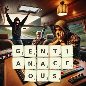 Creative illustration for a Scrabble game with the word GENTIANACEOUS spelled out in tiles on the board.