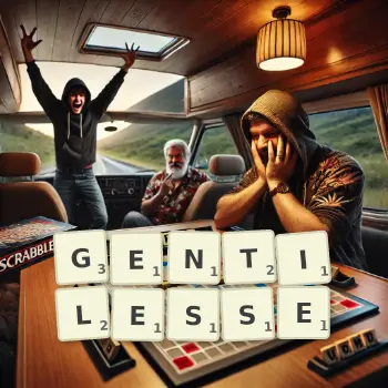 Creative illustration for a Scrabble game with the word GENTILESSE spelled out in tiles on the board.