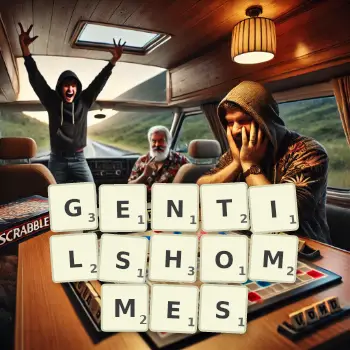 Creative illustration for a Scrabble game with the word GENTILSHOMMES spelled out in tiles on the board.