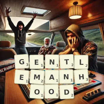Creative illustration for a Scrabble game with the word GENTLEMANHOOD spelled out in tiles on the board.