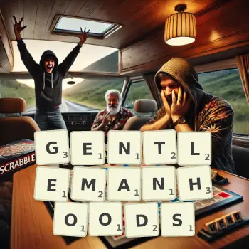 Creative illustration for a Scrabble game with the word GENTLEMANHOODS spelled out in tiles on the board.