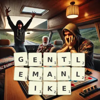 Creative illustration for a Scrabble game with the word GENTLEMANLIKE spelled out in tiles on the board.