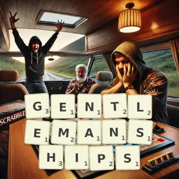 Creative illustration for a Scrabble game with the word GENTLEMANSHIPS spelled out in tiles on the board.
