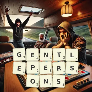 Creative illustration for a Scrabble game with the word GENTLEPERSONS spelled out in tiles on the board.