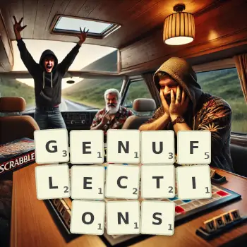 Creative illustration for a Scrabble game with the word GENUFLECTIONS spelled out in tiles on the board.