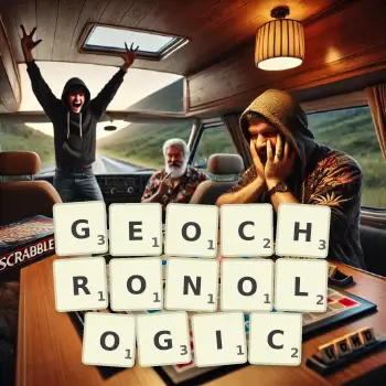 Creative illustration for a Scrabble game with the word GEOCHRONOLOGIC spelled out in tiles on the board.
