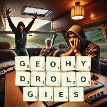 Creative illustration for a Scrabble game with the word GEOHYDROLOGIES spelled out in tiles on the board.