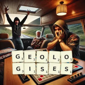 Creative illustration for a Scrabble game with the word GEOLOGISES spelled out in tiles on the board.