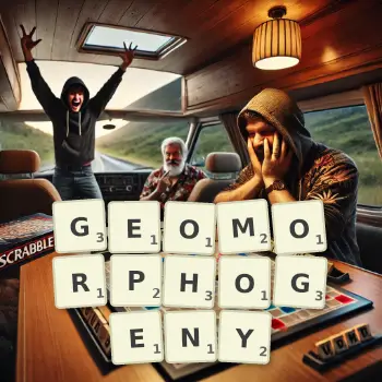 Creative illustration for a Scrabble game with the word GEOMORPHOGENY spelled out in tiles on the board.