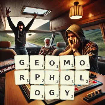 Creative illustration for a Scrabble game with the word GEOMORPHOLOGY spelled out in tiles on the board.