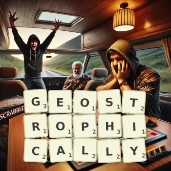 Creative illustration for a Scrabble game with the word GEOSTROPHICALLY spelled out in tiles on the board.