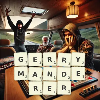 Creative illustration for a Scrabble game with the word GERRYMANDERER spelled out in tiles on the board.