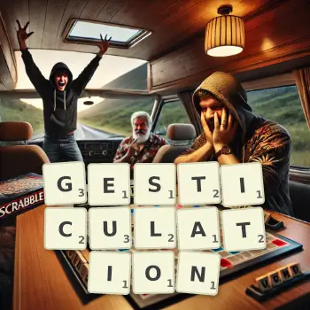 Creative illustration for a Scrabble game with the word GESTICULATION spelled out in tiles on the board.