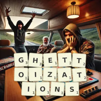 Creative illustration for a Scrabble game with the word GHETTOIZATIONS spelled out in tiles on the board.