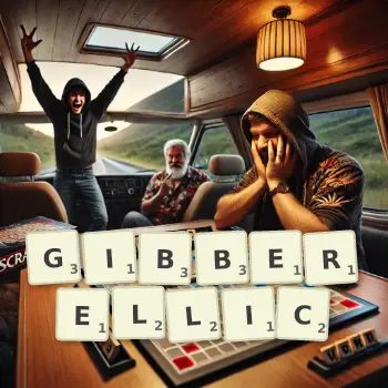 Creative illustration for a Scrabble game with the word GIBBERELLIC spelled out in tiles on the board.