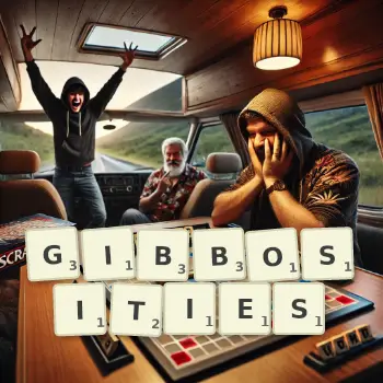 Creative illustration for a Scrabble game with the word GIBBOSITIES spelled out in tiles on the board.