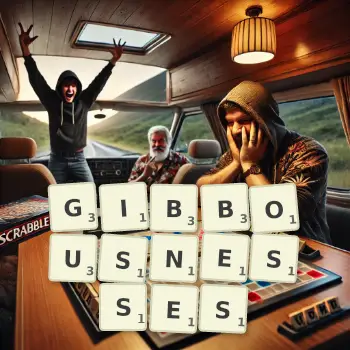 Creative illustration for a Scrabble game with the word GIBBOUSNESSES spelled out in tiles on the board.
