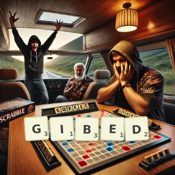 Creative illustration for a Scrabble game with the word GIBED spelled out in tiles on the board.