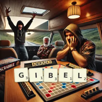 Creative illustration for a Scrabble game with the word GIBEL spelled out in tiles on the board.