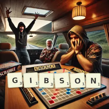 Creative illustration for a Scrabble game with the word GIBSON spelled out in tiles on the board.