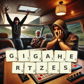 Creative illustration for a Scrabble game with the word GIGAHERTZES spelled out in tiles on the board.