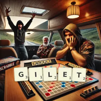 Creative illustration for a Scrabble game with the word GILET spelled out in tiles on the board.