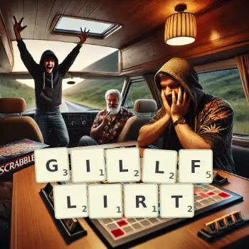 Creative illustration for a Scrabble game with the word GILLFLIRT spelled out in tiles on the board.
