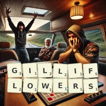 Creative illustration for a Scrabble game with the word GILLIFLOWERS spelled out in tiles on the board.