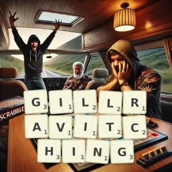 Creative illustration for a Scrabble game with the word GILLRAVITCHING spelled out in tiles on the board.