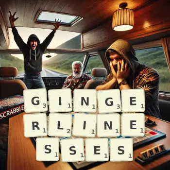 Creative illustration for a Scrabble game with the word GINGERLINESSES spelled out in tiles on the board.