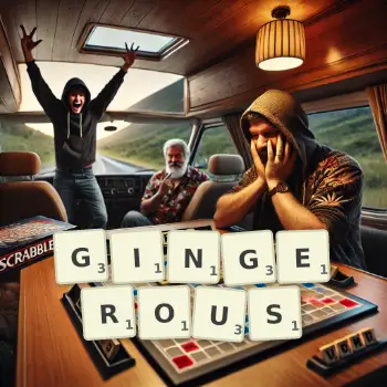 Creative illustration for a Scrabble game with the word GINGEROUS spelled out in tiles on the board.