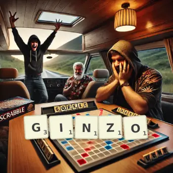 Creative illustration for a Scrabble game with the word GINZO spelled out in tiles on the board.