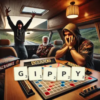 Creative illustration for a Scrabble game with the word GIPPY spelled out in tiles on the board.