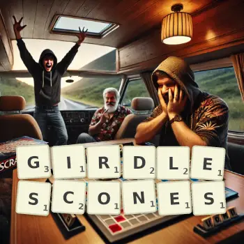 Creative illustration for a Scrabble game with the word GIRDLESCONES spelled out in tiles on the board.