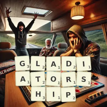 Creative illustration for a Scrabble game with the word GLADIATORSHIP spelled out in tiles on the board.