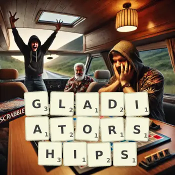 Creative illustration for a Scrabble game with the word GLADIATORSHIPS spelled out in tiles on the board.