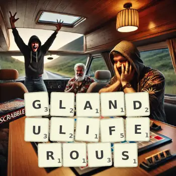Creative illustration for a Scrabble game with the word GLANDULIFEROUS spelled out in tiles on the board.
