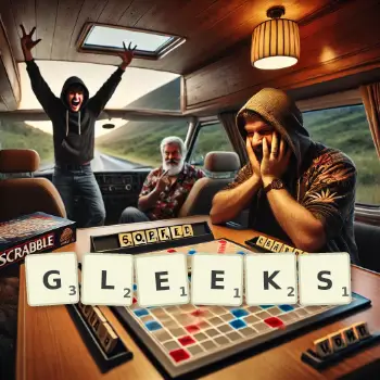 Creative illustration for a Scrabble game with the word GLEEKS spelled out in tiles on the board.