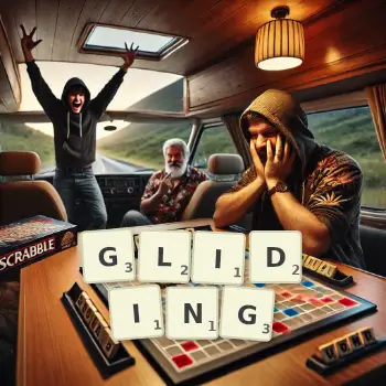 Creative illustration for a Scrabble game with the word GLIDING spelled out in tiles on the board.