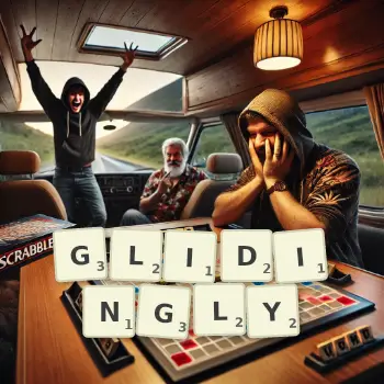 Creative illustration for a Scrabble game with the word GLIDINGLY spelled out in tiles on the board.