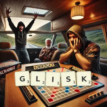 Creative illustration for a Scrabble game with the word GLISK spelled out in tiles on the board.