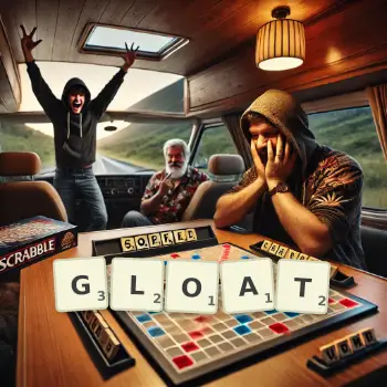 Creative illustration for a Scrabble game with the word GLOAT spelled out in tiles on the board.
