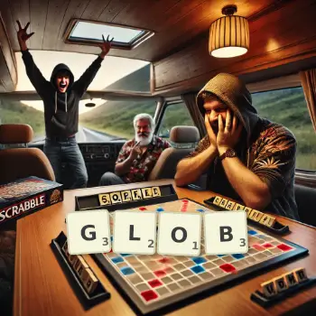 Creative illustration for a Scrabble game with the word GLOB spelled out in tiles on the board.