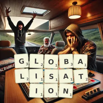 Creative illustration for a Scrabble game with the word GLOBALISATION spelled out in tiles on the board.