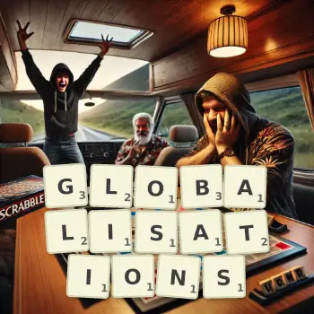 Creative illustration for a Scrabble game with the word GLOBALISATIONS spelled out in tiles on the board.