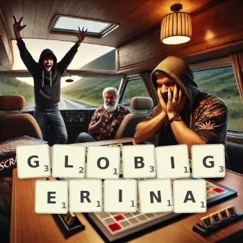 Creative illustration for a Scrabble game with the word GLOBIGERINA spelled out in tiles on the board.
